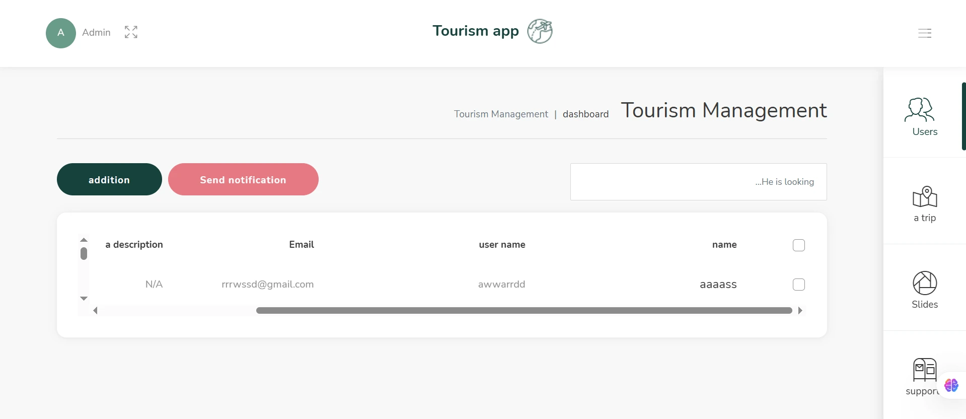 Tourism Management Platform - dashboard