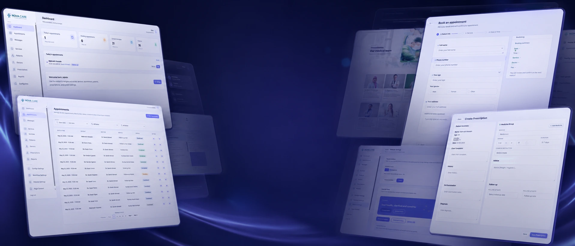 Nova Care clinic platform — dashboard, appointments, booking and prescriptions