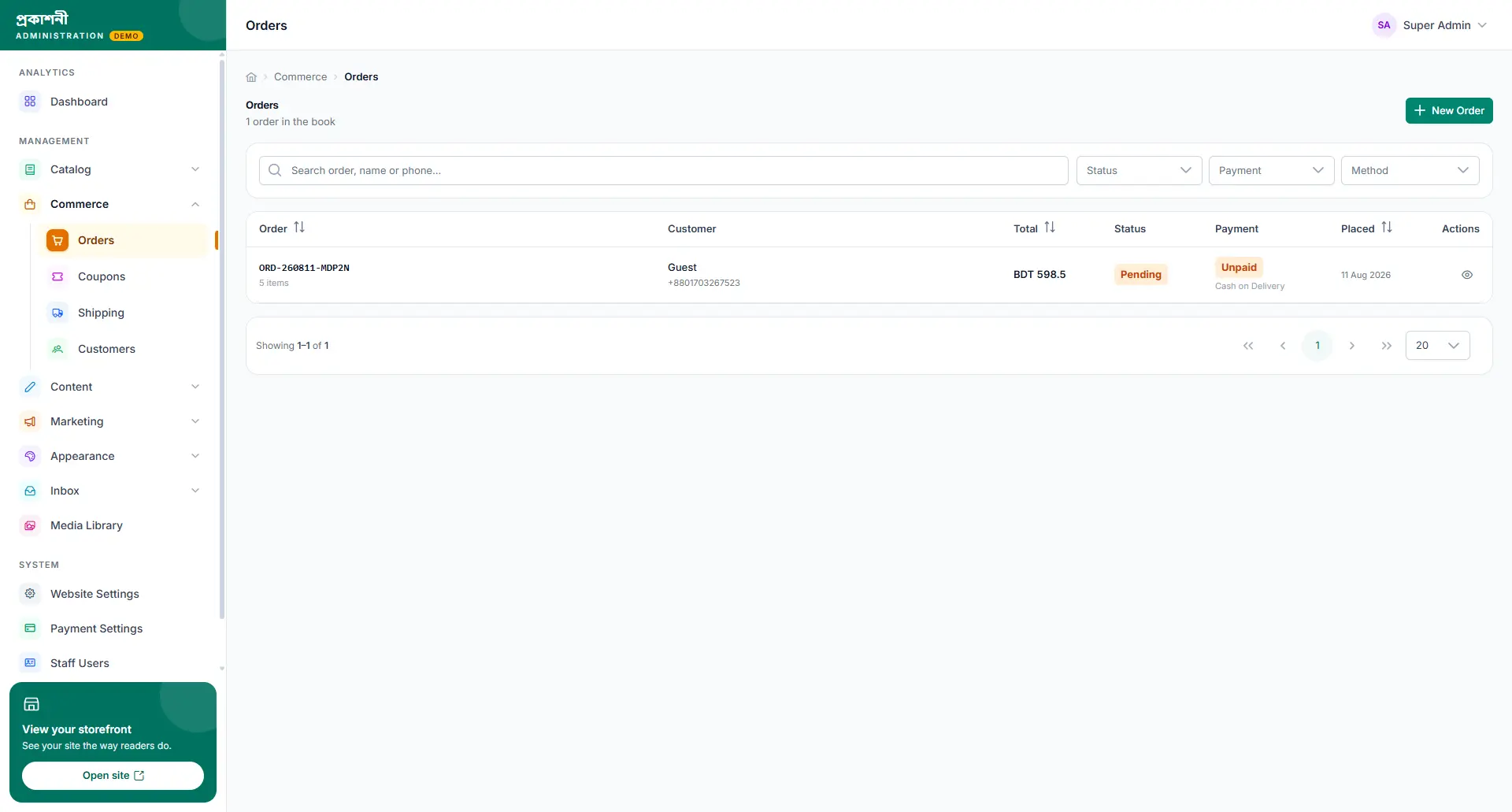 Order management screen with the status workflow