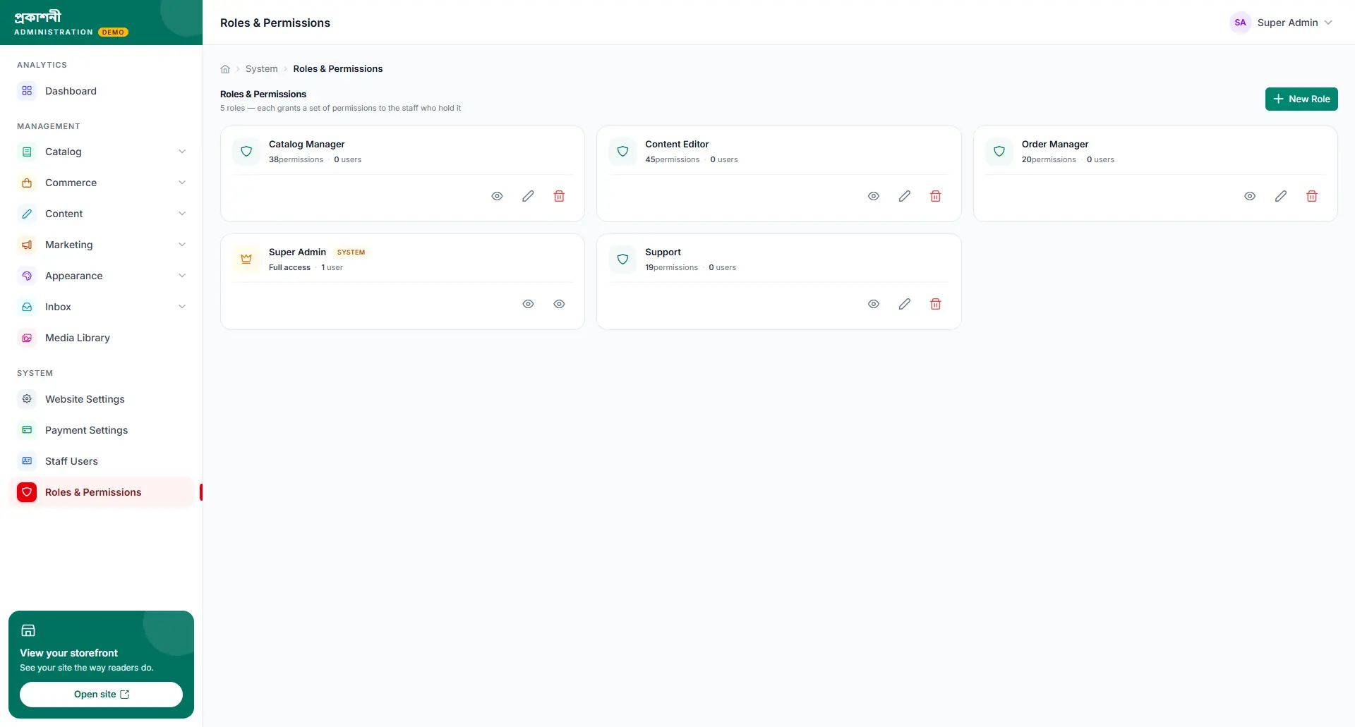 Roles and permissions matrix in the admin panel