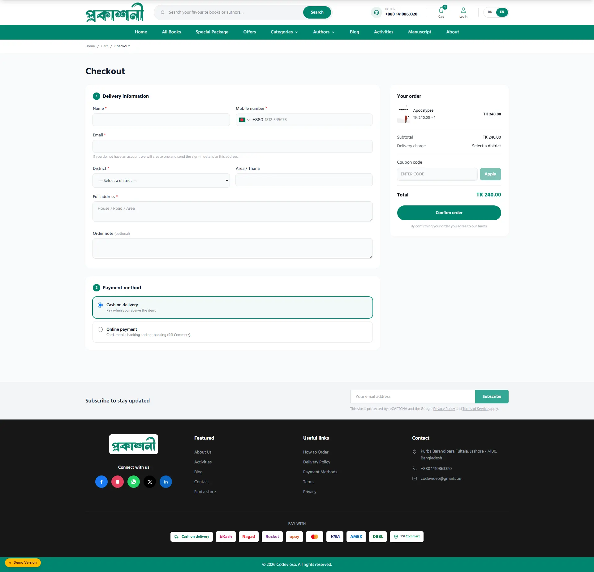 Checkout with delivery details and payment method selection